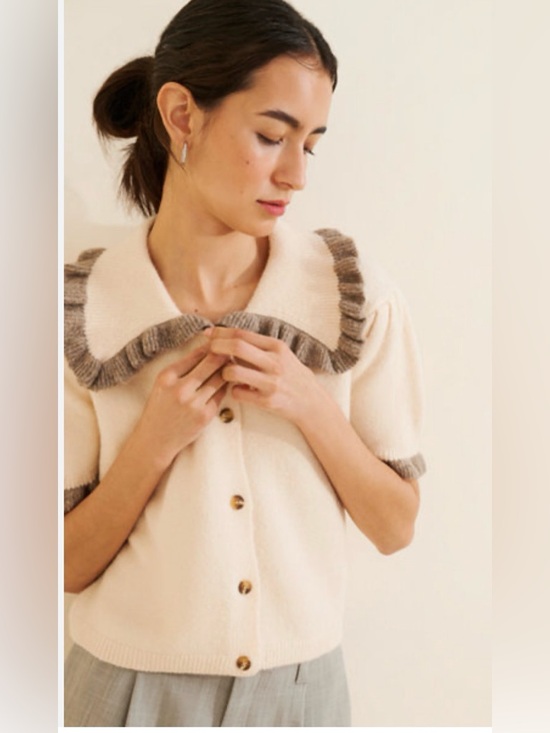 Self Contrast Sweaters - Self Contrast Cream Short Sleeve Knit Cardigan with Brown Trim 2X